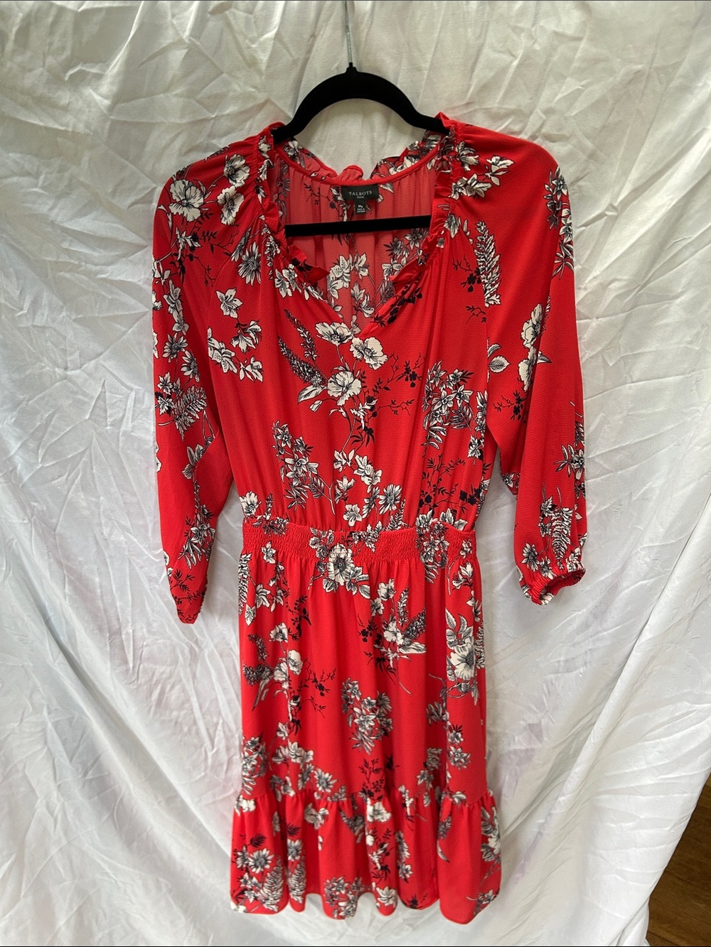 Talbots Red Floral Ruffle-Trim Midi Dress, Medium P